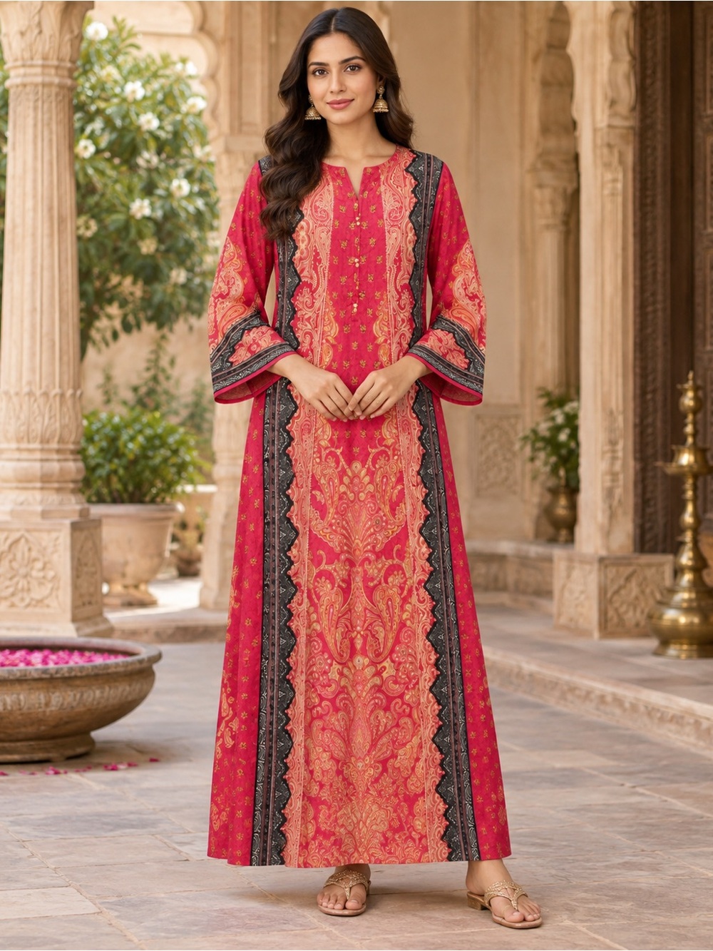 intricately printed red kaftan featuring traditional paisley maxi dress lounge